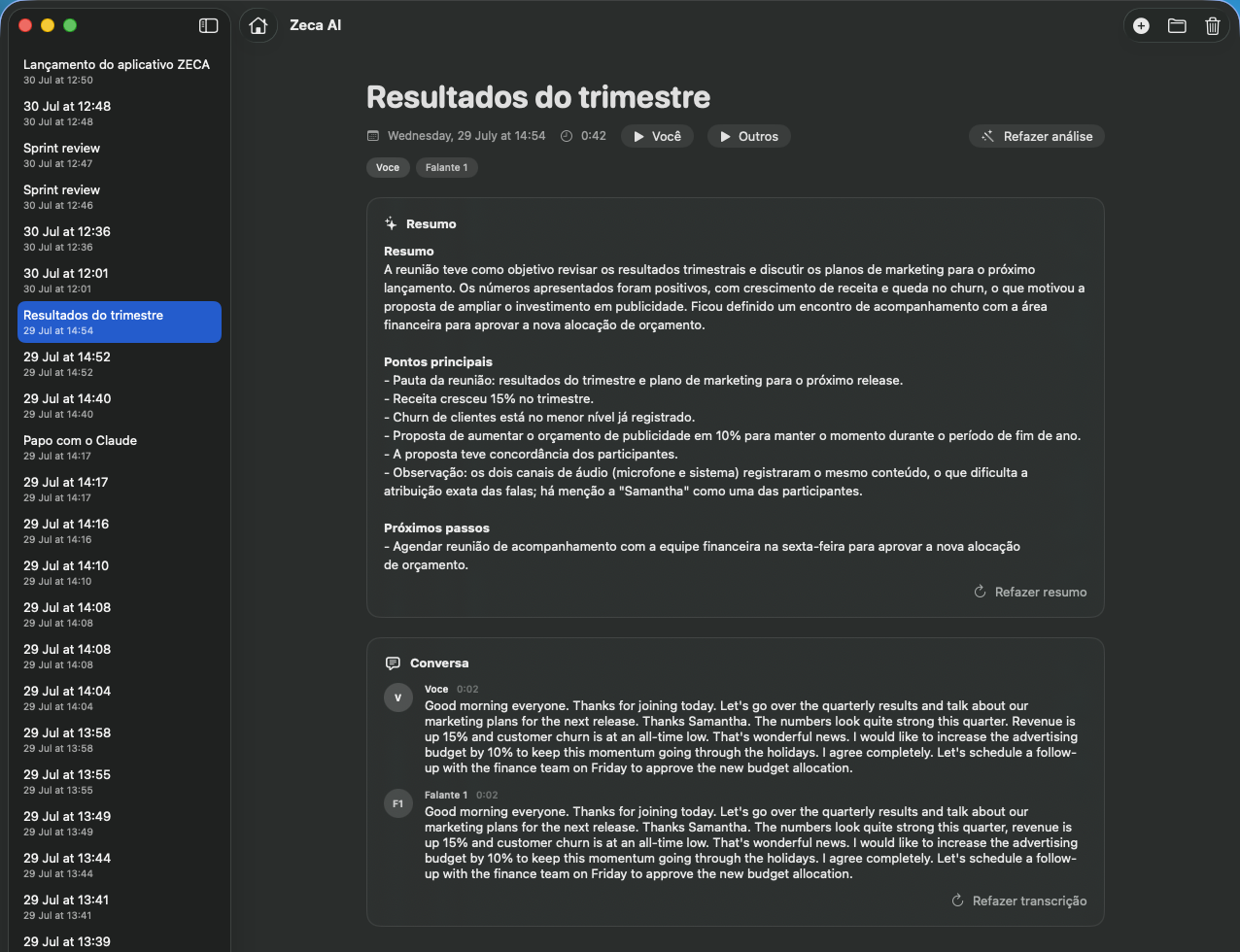 Zeca meeting view with summary and speaker-separated transcript