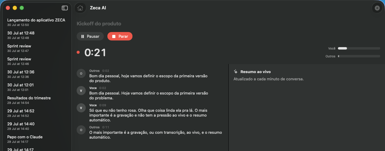Live recording screen with timer, speech meters and real-time transcript